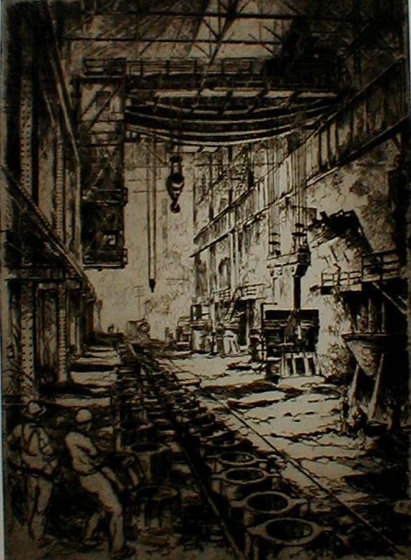 (Steel Mill - tapping aisle, teeming (pouring) ingots) by Otto August Kuhler