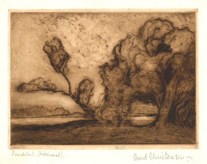 Landskab, [Kaldnaal] (Landscape, [drypoint] by Arent Lauritz Christensen