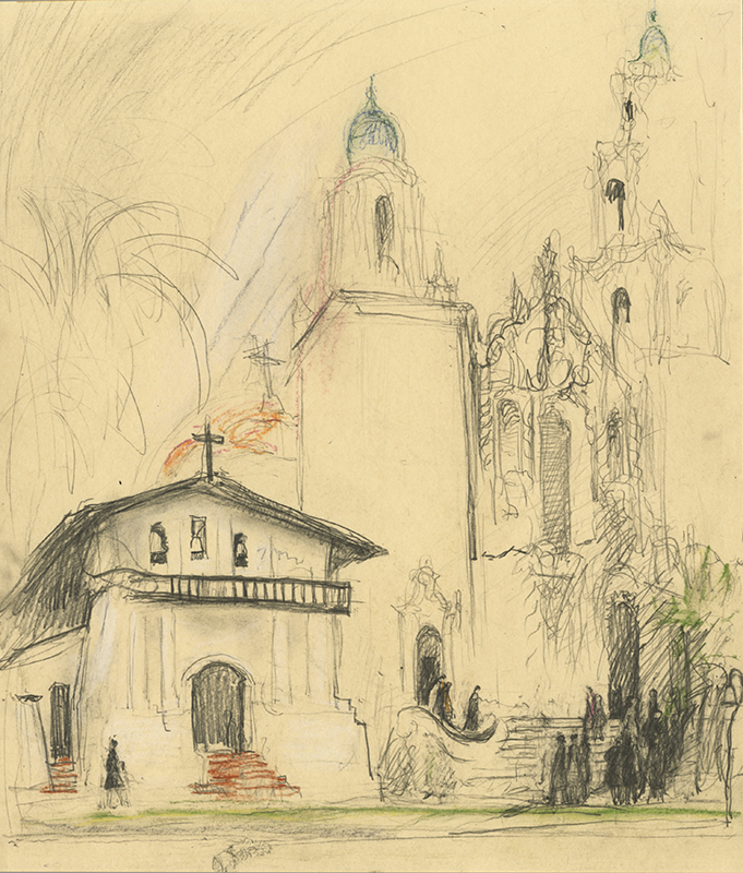 America: (San Francisco, Mission Dolores) - preparatory sketch, with remarque. by Max Pollak