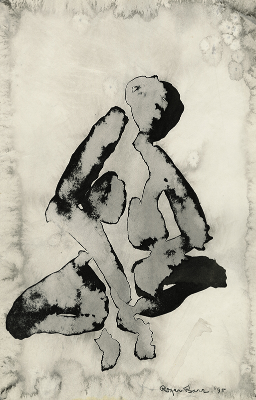 [female nude, squatting, frontal view with head turned up] by Roger Terry Barr