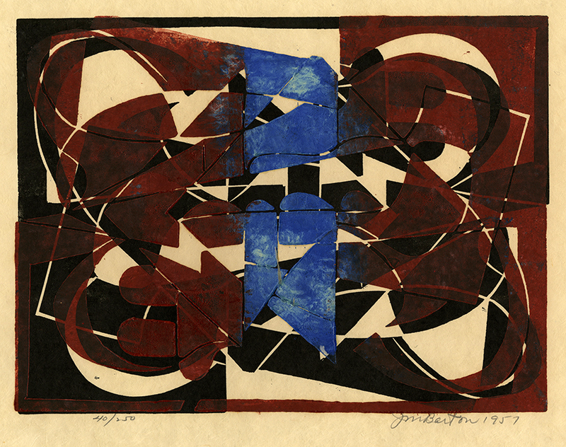 Abstraction in red, blue and black from Block Prints 1957 by John Murray Barton