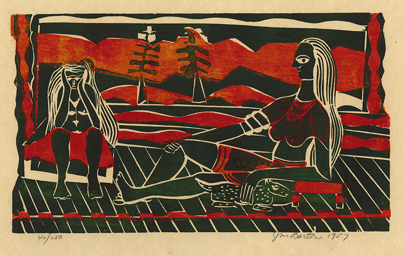 (two women with spotted animal) from Block Prints 1957 by John Murray Barton